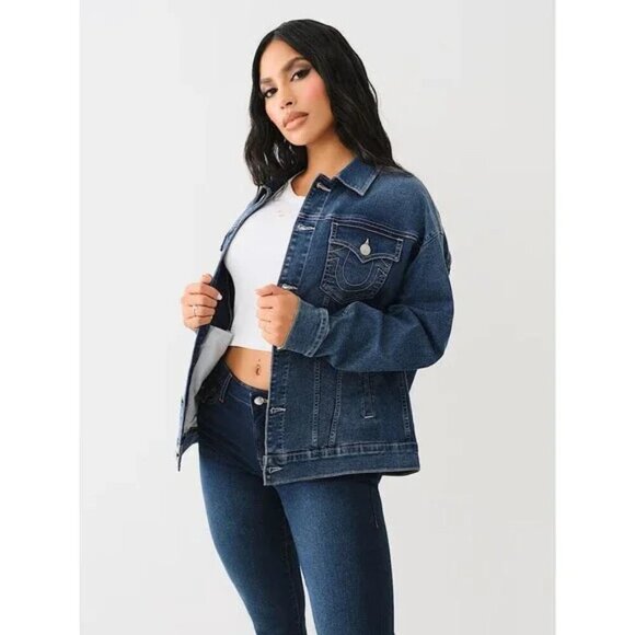 NWT True Religion Women’s Oversized Denim Jacket Stretch Logo Graphic Medium - Picture 1 of 13